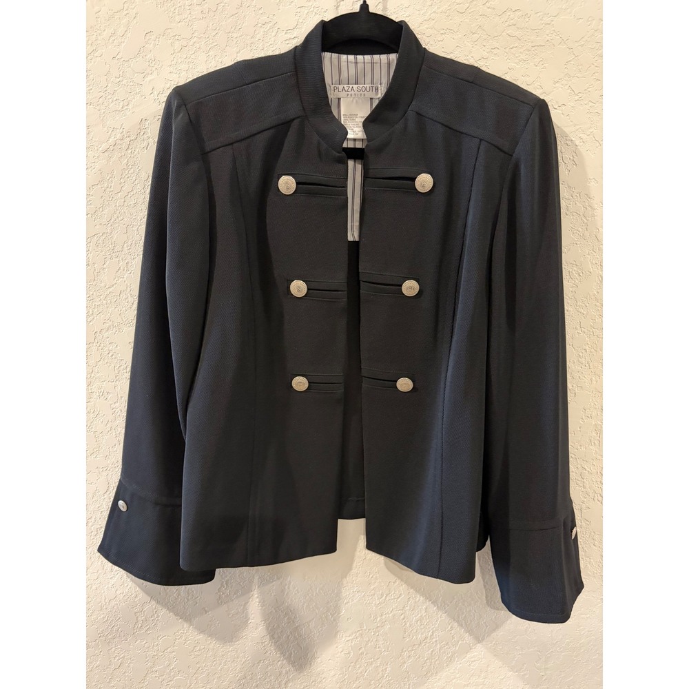 Plaza South Petite Black Military Blazer Jacket Silver Crest Buttons Size 10P
